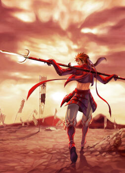 1boy bird boots brown_hair commentary_request flag from_behind hairband highres holding holding_behind_back holding_weapon_behind_back jacket kdash male_focus outdoors pants parted_lips red_hairband red_jacket red_sky sanada_yukimura_(sengoku_basara) sengoku_basara sky solo torn_flag walking white_pants