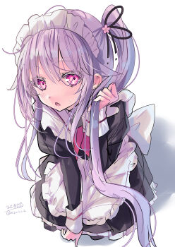 1girl absurdres alternate_headwear apron black_dress blue_hair blush commentary_request dress frills gradient_hair hair_flaps hair_ornament harusame_(kancolle) harusame_(maid)_(kancolle) highres hizaka kantai_collection kneeling long_hair long_sleeves looking_at_viewer maid maid_apron maid_headdress multicolored_hair neckerchief pink_hair red_eyes red_neckerchief ribbon side_ponytail signature solo twitter_username white_apron white_background