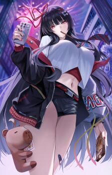 1girl alternate_breast_size_(larger) alternate_costume black_hair black_necktie black_shorts blurry blurry_background bow breasts bright_pupils cellphone chisa_(wuthering_waves) commentary crop_top english_commentary fingernails food food_in_mouth hair_bow hair_ornament hair_ribbon highres holding holding_phone jacket large_breasts letterman_jacket long_hair looking_at_viewer midriff mole mole_under_eye nail_polish namipon_(wuthering_waves) navel necktie nicky_w night off_shoulder outdoors phone pocky pocky_in_mouth red_eyes red_nails red_ribbon ribbon shirt short_shorts shorts smartphone solo thighs very_long_hair white_bow white_pupils white_shirt wuthering_waves x_hair_ornament