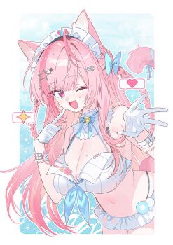 1girl ahoge animal_ears bare_shoulders bell belt bikini blue_bow blue_ribbon blush bow braid breasts cat_ears cat_girl cat_hair_ornament cat_tail cleavage commentary gloves hair_bow hair_ornament hairclip heart heart_print highres indie_virtual_youtuber jingle_bell large_breasts long_hair looking_at_viewer maid_headdress navel neck_bell neck_ribbon one_eye_closed open_mouth pink_eyes pink_hair pink_tail ribbon smile solo spoken_heart star_(symbol) star_hair_ornament stemiomio stomach swimsuit symbol-only_commentary tail tail_ornament tail_ribbon two_side_up virtual_youtuber white_belt white_bikini white_gloves wrist_belt yuuki_sakuna yuuki_sakuna_(3rd_costume)