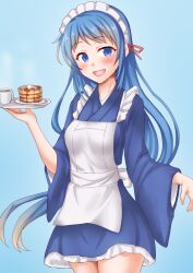 Rule 34 | 1girl, anti (untea9), blue eyes, blue hair, coffee cup, cup, disposable cup, food, highres, kantai collection, long hair, maid, open mouth, pancake, samidare (kancolle), smile, solo, tray, very long hair, wa maid, waitress