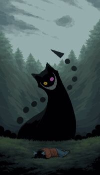 1girl 1other antlers cat december_holiday deer_antlers deer_girl deltarune denim design_speculation evil_smile forest friend_(deltarune) furry furry_female heterochromia highres horns jacket jeans monster nature orange_jacket pants pink_eyes pixel_art sharfabean smile torn_clothes torn_jeans torn_pants utdr_(toby_fox) yellow_eyes