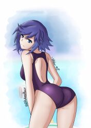 Rule 34 | 1girl, absurdres, artist name, ass, blue eyes, blue hair, breasts, frown, fujisaki kotone, hand on leg, highres, inktober, jspictureplace, keijo!!!!!!!!, looking at viewer, looking back, one-piece swimsuit, pool, poolside, purple one-piece swimsuit, swimsuit, thighs, twitter username