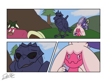 1girl 2others animal_ears artist_request attack bird blue_sky cat_ears colored_skin corviknight empty_eyes eyelashes gen_8_pokemon gen_9_pokemon hammer highres holding holding_hammer holding_weapon looking_at_another meowscarada multiple_others nervous nintendo no_humans pain pink_skin pokemon pokemon_(creature) scared sequential sky smile sparkling_eyes sweat sweatdrop tinkaton weapon