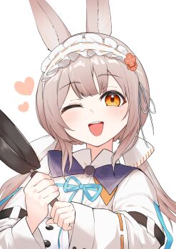 1girl absurdres animal_ears aqua_ribbon arknights grey_hair heart highres holding_pan k@bu long_hair long_sleeves looking_at_viewer maid_headdress one_eye_closed orange_eyes rabbit_ears ribbon ribbon-trimmed_sleeves ribbon_trim shirt simple_background smile solo teeth upper_teeth_only warmy_(arknights) white_background white_shirt