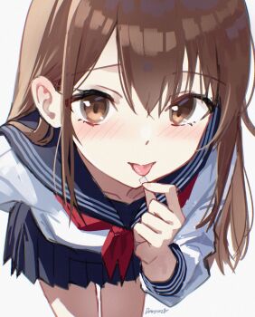 1girl bent_over blue_sailor_collar blue_skirt blush brown_eyes brown_hair candy closed_mouth commentary danraz0r english_commentary food highres holding holding_candy holding_food long_hair long_sleeves looking_at_viewer miniskirt neckerchief original pleated_skirt red_neckerchief sailor_collar school_uniform serafuku shirt simple_background skirt smile solo standing tongue tongue_out white_background white_shirt