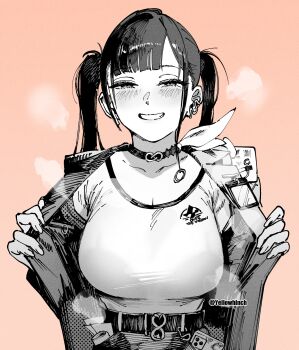 belt blush breasts choker cleavage collarbone commentary dated_commentary earrings goddess_of_victory:_nikke greyscale_with_colored_background grin highres id_card jewelry large_breasts looking_at_viewer mole mole_under_eye opened_by_self otimusyairoha parted_lips pink_background shirt simple_background smile sora_(nikke) steam twintails twitter_username upper_body