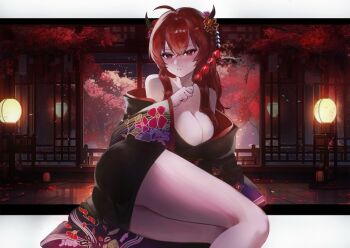 Rule 34 | 1girl, bare shoulders, black kimono, blush, breasts, brown dust (series), brown dust 2, cleavage, commentary, english commentary, feet out of frame, floral print, floral print kimono, food, hair between eyes, highres, holding, holding food, inhee, japanese clothes, kimono, large breasts, liberta (brown dust), liberta (hedonist) (brown dust), long hair, looking at viewer, official alternate costume, print kimono, red eyes, red hair, solo, wooden floor