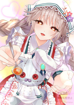 Rule 34 | 1girl, 22 zefar, :d, absurdres, apron, blush, braid, brown eyes, brown hair, charlotta skopovskaya, charlotta skopovskaya (a dinner of devoted love), commentary request, cowboy shot, dress, feeding, flower, food, frilled apron, frills, grey hair, hat, hat flower, heart, heart-shaped pupils, heaven burns red, highres, holding, holding spoon, incoming food, long hair, looking at viewer, lovestruck, maid apron, official alternate costume, official alternate hairstyle, open mouth, orange eyes, puffy sleeves, red eyes, smile, solo, spoon, stuffed animal, stuffed cat, stuffed toy, symbol-shaped pupils, twin braids, very long hair, white apron, yandere