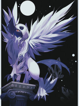 Rule 34 | absol, animal focus, claws, closed mouth, column, commentary request, feathered wings, gen 3 pokemon, hair over one eye, highres, horns, mega absol, mega pokemon, moon, nintendo, no humans, one eye covered, pillar, pokemon, pokemon (creature), pokemon focus, red eyes, reo (mmocc123), solo, tail, white fur, white hair, white wings, wings