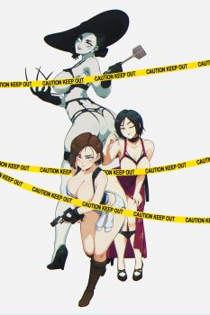3girls ada_wong alcina_dimitrescu ass bare_shoulders black_footwear black_gloves black_hair black_panties blue_eyes boots breasts brown_hair cleavage closed_mouth convenient_censoring dress fingerless_gloves flyswatter from_behind garter_belt gloves grey_background gun hat high_heels highres huge_ass jill_valentine large_breasts ledy lingerie looking_at_viewer looking_back multiple_girls naughty_face one_eye_closed pale_skin panties red_dress resident_evil resident_evil_2 resident_evil_3:_nemesis resident_evil_village short_hair simple_background sleeveless smile standing strapless sun_hat tall_female tube_top underwear walking weapon wink