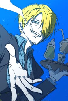 Rule 34 | 1boy, arms up, black jacket, black necktie, blonde hair, blue background, blue shirt, cigarette, collared shirt, commentary, curly eyebrows, drinking straw, dutch angle, food, glass, grin, highres, holding, holding plate, ice cream, ice cream float, jacket, kkong giii1, layered sleeves, long sleeves, looking at viewer, male focus, necktie, one piece, open clothes, open jacket, open shirt, outstretched hand, parted bangs, parted hair, pinstripe pattern, pinstripe shirt, plate, sanji (one piece), shirt, short hair, simple background, smile, smoke, smoking, solo, suit jacket, symbol-only commentary, teeth, wing collar