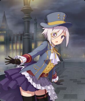 1girl :o analog_clock ascot black_gloves black_thighhighs blush breasts buttons city clock cloud cloudy_sky cowboy_shot dot_nose double-breasted fog frilled_sleeves frills game_cg gloves grey_hat grey_jacket hair_between_eyes hat itomi_sayaka jacket lamppost layered_skirt leaning_forward london long_sleeves looking_at_viewer looking_to_the_side monocle neck_ribbon night official_art open_clothes open_jacket open_mouth outstretched_arms pinstripe_pattern pinstripe_skirt purple_eyes purple_hair purple_skirt railing ribbon short_hair skirt sky small_breasts solo spread_arms stone_walkway striped_clothes striped_skirt thighhighs third-party_source toji_no_miko toji_no_miko:_kizamishi_issen_no_tomoshibi top_hat vertical-striped_clothes vertical-striped_skirt victorian white_ascot white_skirt yellow_ribbon zettai_ryouiki