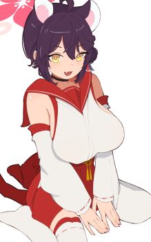 1girl :3 absurdres ahoge animal_ears binware black_choker blue_archive breasts bright_pupils choker commentary detached_sleeves fang halo highres kaede_(blue_archive) large_breasts long_sleeves looking_at_viewer nontraditional_miko pink_halo purple_hair red_sailor_collar red_skirt sailor_collar short_hair skirt solo tassel thighhighs tongue white_pupils white_sleeves white_thighhighs yellow_eyes