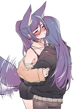 2girls animal_ear_fluff animal_ears black_bra black_choker black_hoodie blush bra choker closed_eyes ear_blush extra_ears fox_ears fox_tail full-face_blush hair_between_eyes highres hood hoodie hug jewelry kakult2017 ksp_(vtuber) long_hair meridian_project miniskirt multiple_girls necklace off_shoulder pantyhose parted_lips pleated_skirt ponytail purple_hair seki_(vtuber) simple_background skirt standing tail tail_wagging thigh_strap underwear virtual_youtuber white_background