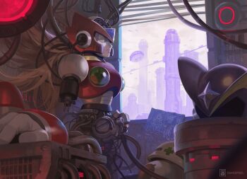 1boy android armor artist_logo bass_(mega_man) black_helmet blonde_hair blue_eyes blueprint_(object) building cable capcom city detached_arm detached_legs gloves helmet logo long_hair machine male_focus mega_man_(series) mega_man_x_(series) ponytail prototype_design red_helmet robot simon_stafsnes_andersen solo very_long_hair zero_(mega_man)