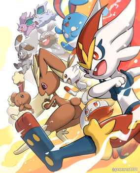 :3 ^_^ animal_ears artist_name azumarill bright_pupils buneary bunnelby chinese_zodiac cinderace claws closed_eyes closed_mouth commentary_request covered_mouth diggersby energy evolutionary_line full_body gen_1_pokemon gen_2_pokemon gen_4_pokemon gen_6_pokemon gen_8_pokemon gonzarez hand_up hands_up highres horns jitome jumping lopunny nidoran nidoran_(female) nidoran_(male) nintendo no_humans open_mouth orange_eyes pokemon pokemon_(creature) purple_eyes rabbit rabbit_ears rabbit_tail raboot red_eyes scorbunny single_horn smile tail teeth twitter_username upper_teeth_only v-shaped_eyes whiskers white_pupils year_of_the_rabbit