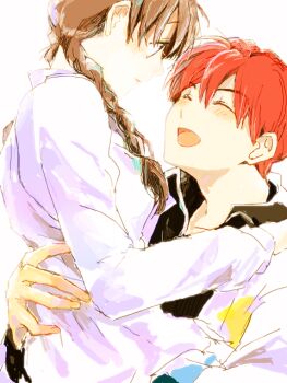 Rule 34 | 1boy, 1girl, braid, brown hair, carrying, couple, dorayan, closed eyes, happy, hetero, kyoukai no rinne, long hair, mamiya sakura, red hair, rokudou rinne, school uniform, short hair, smile, twin braids