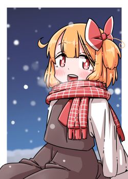 1girl ascot black_skirt black_vest blonde_hair blush bow breath commentary_request hair_bow highres long_sleeves looking_at_viewer open_mouth red_ascot red_bow red_eyes red_scarf roco_(katsuya1011) rumia scarf shirt skirt skirt_set smile snowing solo touhou vest white_shirt
