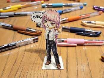 Rule 34 | 1girl, black necktie, black pants, braid, breasts, brown eyes, chainsaw man, commentary, commission, corrupted twitter file, english commentary, highres, jqhnharqld, long hair, makima (chainsaw man), medium breasts, necktie, open mouth, pants, paper child, papercraft (medium), photo (medium), pink hair, pointing, pointing at viewer, ringed eyes, sidelocks, single braid, smile, solo, unconventional media