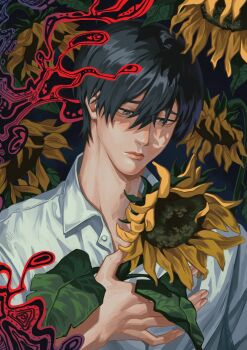 Rule 34 | 1boy, adam's apple, black hair, closed mouth, collared shirt, commentary, english commentary, flower, hair between eyes, highres, hikaru ga shinda natsu, lips, male focus, mole, mole under eye, no mole, shirt, short hair, solo, sunflower, tsujinaka yoshiki, upper body, verbartt, white shirt