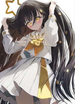 1girl arms_up black_hair blush brown_hair commentary hair_between_eyes hair_ornament highres long_hair looking_at_viewer neckerchief original parted_lips pentagon_(railgun_ky1206) pinstripe_pattern pinstripe_shirt pinstripe_skirt pleated_skirt sailor_collar school_uniform serafuku shirt simple_background skirt solo star_(symbol) star_hair_ornament symbol-only_commentary very_long_hair white_background white_sailor_collar white_serafuku white_shirt white_skirt yellow_eyes yellow_neckerchief