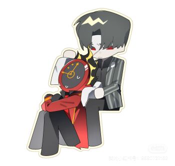 1boy 1other black_pants black_shirt clock closed_eyes coat collared_shirt dante_(limbus_company) drying fire gala9960 grey_hair grey_jacket hashtag-only_commentary highres jacket knees_up limbus_company object_head pants project_moon red_coat red_eyes scar scar_on_face shirt sitting striped_clothes striped_jacket vergilius_(project_moon)