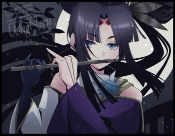 Rule 34 | 1girl, absurdres, black hair, blue eyes, breasts, commentary request, detached sleeves, fate/grand order, fate (series), feather hair ornament, feathers, flute, hair bun, hair ornament, hat, highres, instrument, long hair, looking at viewer, medium breasts, music, parted bangs, playing flute, playing instrument, side ponytail, sidelocks, single side bun, solo, ushiwakamaru (fate), very long hair, wagu neru, wide sleeves