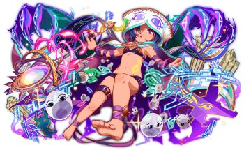 6+others animal_ear_hood anime_coloring ankle_wrap arm_wrap artificial_intelligence artist_request bandaged_ankle bandaged_arm bandages bare_legs barefoot belt belt_buckle black_bra black_eyes blue_hair bra breasts buckle cloak cloak_lift crash_fever dot_nose eye_print fake_animal_ears fingernails foreshortening full_body game_cg gold_buckle groin hood hooded_cloak leg_belt legs_apart light_particles long_hair looking_at_viewer medium_hair medjed_(crash_fever) medjed_(mythology) mini_medjed multiple_others narrow_waist navel number_print numbered o-ring_bra official_art one_eye_covered open_mouth outline pillar print_hood purple_belt purple_eyes red_outline shaded_face skinny small_breasts soles solo_focus sparkle square square_print staff stomach_tattoo tachi-e tattoo teeth third-party_source toes transparent_background two-sided_cloak two-sided_fabric two-sided_hood underwear upper_teeth_only white_cloak white_hood