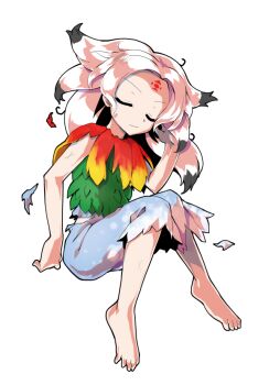 Rule 34 | 1girl, alphes (style), barefoot, black hair, blue skirt, capelet, closed eyes, closed mouth, colored tips, commentary request, dairi, defeat, facial mark, facing viewer, feather capelet, feathers, flat chest, forehead, forehead mark, fossilized wonders, full body, gradient feathers, green leaf, hand up, houjuu chimi, large variant set, leaf clothing, leaf shirt, light frown, long hair, multicolored hair, parody, red feathers, shirt, simple background, skirt, sleeveless, sleeveless shirt, solo, style parody, sweatdrop, tachi-e, torn capelet, torn clothes, torn skirt, touhou, transparent background, variant set, white hair, yellow feathers