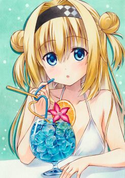 1girl :o bare_arms bare_shoulders bikini black_hairband blonde_hair blue_eyes blush breasts chitose_sana cocktail cocktail_glass collarbone commentary_request cup double_bun drinking_glass drinking_straw drop_shadow eyelashes eyes_visible_through_hair food fruit green_background hair_between_eyes hair_bun hair_intakes hairband halterneck hand_up highres holding holding_drinking_straw long_hair looking_at_viewer marker_(medium) open_mouth orange_(fruit) orange_slice simple_background small_breasts solo straight_hair swimsuit tenshinranman traditional_media tsurime two_side_up upper_body white_bikini yuto_takumi