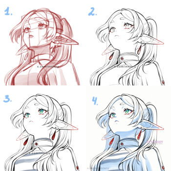 1girl artist_name capelet commentary earrings elf english_commentary frieren green_eyes hair_over_shoulder head_back highres inntary instagram_username jewelry ko-fi_username long_pointy_ears looking_up making-of meme parted_bangs pointy_ears shirt simple_background sketch solo sousou_no_frieren spot_color striped_clothes striped_shirt teardrop_earrings twintails twitter_username upper_body upward_angle_frieren_drawing_(meme) watermark web_address white_background