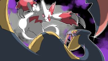 :< animal_focus blacknirrow bright_pupils claws closed_mouth colored_sclera fangs forked_tongue gen_3_pokemon glint highres nintendo no_humans open_mouth outline pokemon pokemon_(creature) red_fur red_sclera seviper snake tongue v-shaped_eyes white_fur white_outline white_pupils zangoose