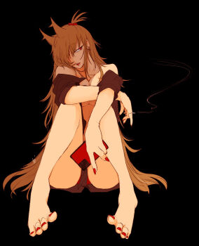 Rule 34 | 1girl, animification, antenna hair, black background, black shirt, black skirt, breasts, brown hair, cigar, commentary request, eddsworld, feet, fewer digits, hair bobbles, hair ears, hair ornament, hair over one eye, highres, holding, holding cigar, large breasts, lips, long hair, looking to the side, open clothes, open shirt, red eyes, red nails, roukon24, shirt, simple background, sitting, skirt, smoke, solo, toes, tori (eddsworld), very long hair