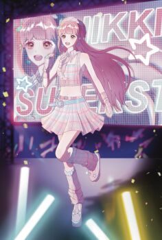 1girl aqua_bow audience bare_shoulders belt belt_buckle beret blue_belt blue_gloves boots bow buckle buttons chinese_commentary collar commentary_request confetti crop_top detached_collar earrings fingerless_gloves full_body gloves glowstick hair_bow happy hat hat_bow highres idol infinity_nikki jewelry leg_up leg_warmers long_hair midriff miniskirt mismatched_earrings music navel night nikki_(nikki) nikki_(series) penlight_(glowstick) pink_arm_warmers pink_boots pink_collar pink_hair pink_hat pink_leg_warmers pink_shirt pink_skirt plaid_arm_warmers plaid_clothes plaid_collar plaid_hat plaid_leg_warmers plaid_shirt plaid_skirt pleated_skirt pom_pom_(clothes) pom_pom_earrings shirt singing skirt sleeveless sleeveless_shirt solo stage standing star_(symbol) studded_belt tianyayaya50812 very_long_hair wavy_hair white_bow