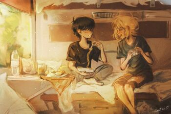 2boys alternate_costume antenna_hair artist_name basil_(faraway)_(omori) basil_(omori) black_eyes black_hair black_shirt blush brown_shorts day fork green_shirt grey_pants holding holding_fork indian_style indoors looking_at_another male_focus multiple_boys omori open_mouth pants parted_lips shirt short_sleeves shorts sidelocks sitting smile socks spaghetti_strap sunny_(omori) teeth umilini2 upper_teeth_only white_socks window