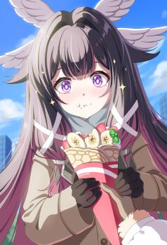 1girl absurdres black_gloves black_hair blush columbina_(genshin_impact) commentary_request crepe eating food fuyunash1 genshin_impact gloves highres holding holding_crepe holding_food looking_at_viewer multicolored_hair outdoors purple_eyes purple_hair solo sparkle two-tone_hair upper_body winter_uniform