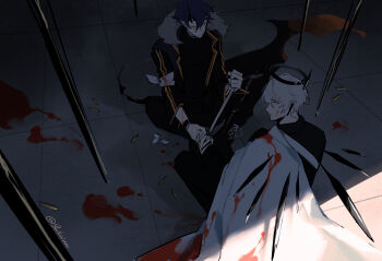 2boys arknights bandages black_pants blood blood_on_clothes blood_on_face blue_hair commentary_request demon_boy demon_horns detached_wings executor_(arknights) flamebringer_(arknights) fur_trim gun halo highres holding holding_sword holding_weapon horns long_sleeves male_focus multiple_boys pants shell_casing shikiri short_hair sitting sword tiles weapon white_hair wings
