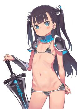 1girl armor bikini bikini_armor black_hair blue_eyes class_president_(monomono) flat_chest highres loli long_hair micro_bikini monomono navel original shoulder_armor simple_background swimsuit sword twintails weapon white_background