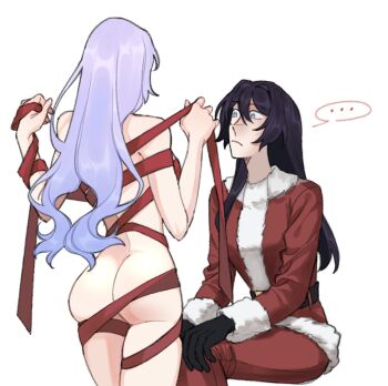 ... 2girls acheron_(honkai:_star_rail) ass black_swan_(honkai:_star_rail) blush breasts charathegay christmas christmas_present clothed_female_nude_female commentary couple english_commentary gift gift_wrapping gloves highres honkai:_star_rail honkai_(series) large_breasts long_hair looking_at_another multiple_girls naked_ribbon nude pants purple_hair red_ribbon ribbon simple_background white_background wrapped_up yellow_eyes yuri