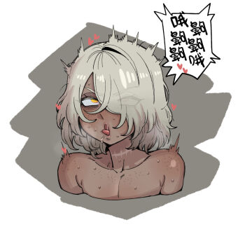 Rule 34 | 1girl, ahegao, body freckles, chinese text, commentary, dark-skinned female, dark skin, ebonyxh, english commentary, eylin eyla (ebonyxh), freckles, hair over one eye, heart, highres, open mouth, original, ringed eyes, rolling eyes, saliva, scar, scar on neck, short hair, simple background, speech bubble, sweat, tongue, tongue out, translation request, very sweaty, white background, white hair, yellow eyes