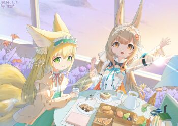 2girls absurdres animal_ears arknights blonde_hair blue_hairband brown_hair dress fox_ears fox_girl fox_tail frilled_hairband frills green_eyes hairband highres kitsune long_sleeves looking_at_viewer multiple_girls multiple_tails open_mouth shirt short_hair sisquare smile suzuran_(arknights) tail warmy_(arknights)