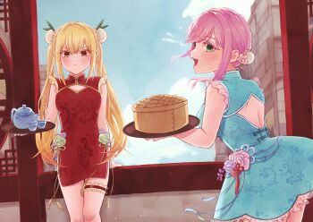 Rule 34 | 2girls, :d, alternate costume, back cutout, bare arms, bare legs, bare shoulders, blonde hair, blue dress, blue sky, blush, breasts, brown eyes, bun cover, china dress, chinese clothes, cleavage cutout, clothing cutout, cloud, commentary request, cup, double bun, dress, flower, frilled dress, frilled thigh strap, frills, frown, green eyes, green ribbon, hair between eyes, hair bun, hair flower, hair ornament, hair ribbon, hanazono hakari, highres, holding, holding tray, inda karane, indoors, kimi no koto ga dai dai dai dai daisuki na 100-nin no kanojo, large breasts, long hair, multiple girls, oknomyk, open mouth, pink hair, red dress, ribbon, sky, sleeveless, sleeveless dress, small breasts, smile, tassel, teapot, thigh strap, tray, twintails, very long hair, window