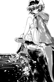 1other androgynous ankle_socks bare_legs boots chinese_commentary cliff closed_mouth coattails collared_shirt commentary commentary_request detached_hood english_commentary frilled_headwear frilled_shorts frills full_body greyscale hair_between_eyes hat high_collar highres hood hood_down hooded_jacket jacket knee_up len&#039;en light_particles long_sleeves looking_ahead mixed-language_commentary mob_cap monochrome ocean open_clothes open_jacket other_focus outdoors puffy_shorts shirt shitodo_kuroji short_hair shorts sitting socks solo triangular_headpiece unamused wide_sleeves yancao_(pixiv_103434280) zipper