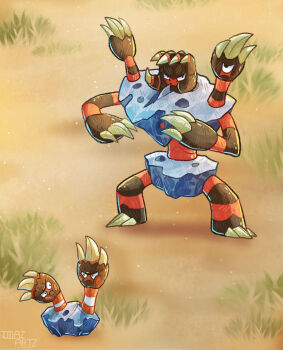 artist_name barbaracle binacle claws closed_mouth commentary english_commentary evolutionary_line full_body gen_6_pokemon grass imazartz nintendo no_humans outdoors pokemon pokemon_(creature) pokemon_focus rock standing