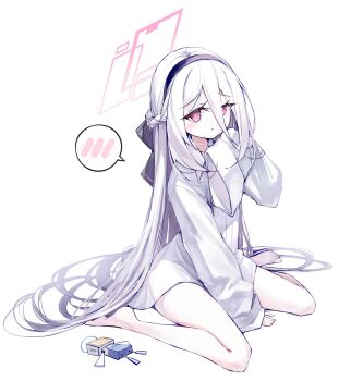 Rule 34 | 1girl, arm between legs, barefoot, black hairband, blue archive, chosunbe, collared shirt, commentary, double-parted bangs, full body, hair between eyes, hairband, half updo, halo, hand up, highres, kei (blue archive), kei (new body) (blue archive), kei (robot) (blue archive), long hair, long hair between eyes, looking at viewer, oversized clothes, oversized shirt, parted lips, pink eyes, pink halo, rectangular halo, shirt, simple background, single sleeve past fingers, single sleeve past wrist, sitting, solo, spoken blush, very long hair, wariza, white background, white hair, white shirt, wide sleeves
