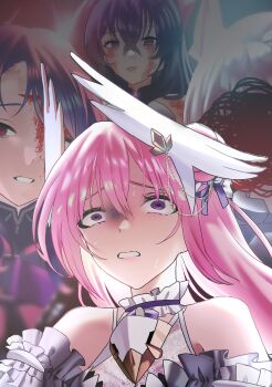 4girls alternate_form bare_shoulders blood blood_on_face censored cheru constricted_pupils detached_sleeves dorothy_(nikke) double_bun goddess_of_victory:_nikke hair_bun hair_ornament harran_(nikke) head_wings headgear isabel_(nikke) long_hair multiple_girls noah_(nikke) parted_lips pink_hair purple_eyes purple_hair red_eyes short_hair smile spoilers very_long_hair white_hair wings