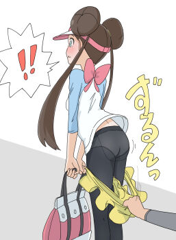 ! !! 1girl ass assisted_exposure bag black_pantyhose blue_eyes blue_shirt blush bow breasts brown_hair clothes_pull double_bun embarrassed from_behind hair_bun hat highres holding holding_bag long_hair long_sleeves nintendo panties panties_under_pantyhose pantsing pantyhose pink_bow pokemon pokemon_bw2 pulling_another's_clothes raglan_sleeves rosa_(pokemon) shirt shorts shorts_pull small_breasts speech_bubble spoken_exclamation_mark standing sumiyama surprised twintails underwear visor_cap white_background white_hat white_panties yellow_shorts