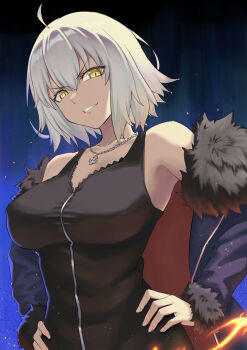 1girl ahoge black_dress blue_coat breasts coat commentary_request dress fate/grand_order fate_(series) fire fur-trimmed_coat fur-trimmed_jacket fur-trimmed_sleeves fur_trim hands_on_own_hips highres jacket jeanne_d'arc_alter_(avenger)_(fate) jeanne_d'arc_alter_(fate) jeanne_d'arc_alter_(ver._shinjuku_1999)_(fate) jewelry large_breasts m_kong necklace official_alternate_costume open_clothes open_coat short_hair smile white_hair yellow_eyes