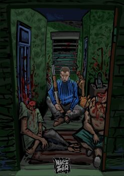 1boy 4others blood blood_splatter blue_sweater brown_hair buzz_cut cat character_request corpse desk doorway exposed_bone exposed_muscle facing_viewer green_shirt gun guro head_down headless highres holding holding_gun holding_weapon knee_up multiple_others murder niezziq_draws no_i'm_not_a_human no_shirt orange_cat phone pov_doorway protagonist_(no_i'm_not_a_human) shirt short_hair shotgun sitting sweater turtleneck turtleneck_sweater very_short_hair weapon window window_blinds